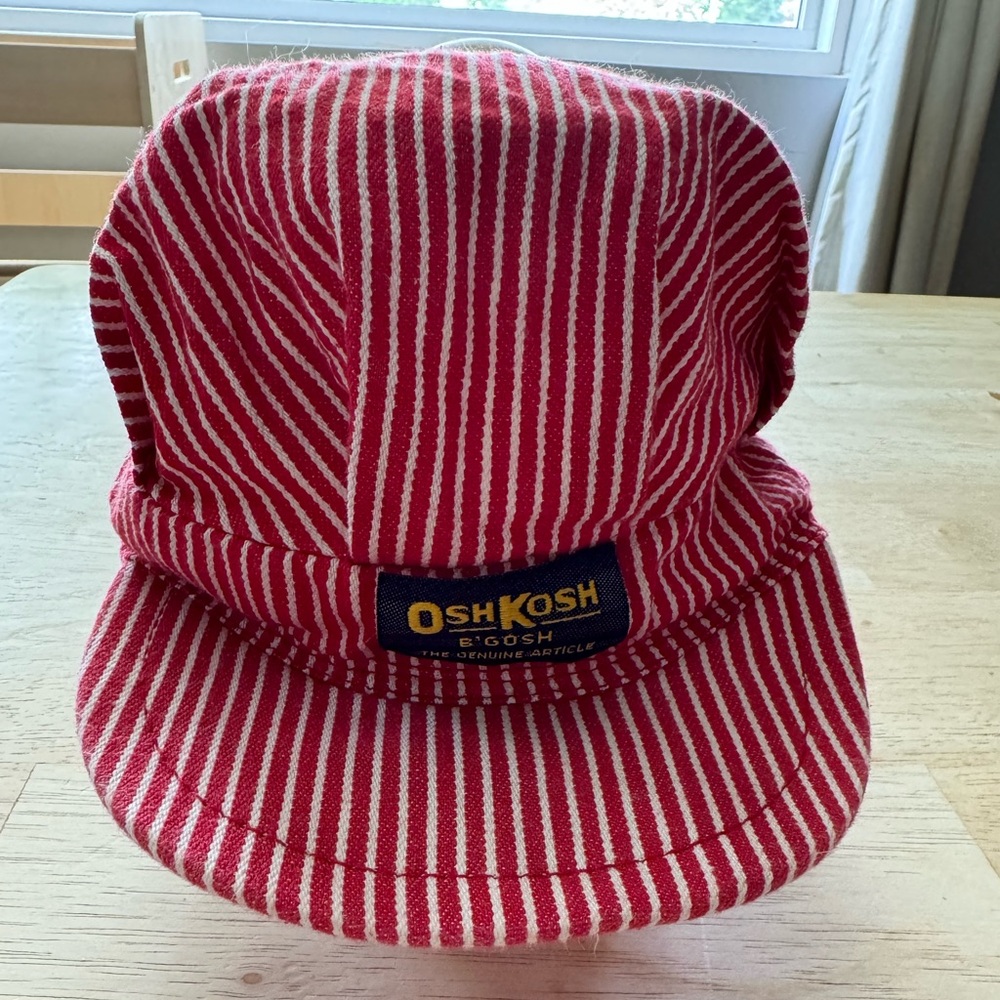 Vintage OSHKOSH B'GOSH Railroad Conductor Red Striped Hat Snapback Made in USA